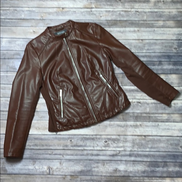 KENNETH COLE Brown Vegan Leather Moto Jacket with Silver Hardware M - Picture 10 of 10